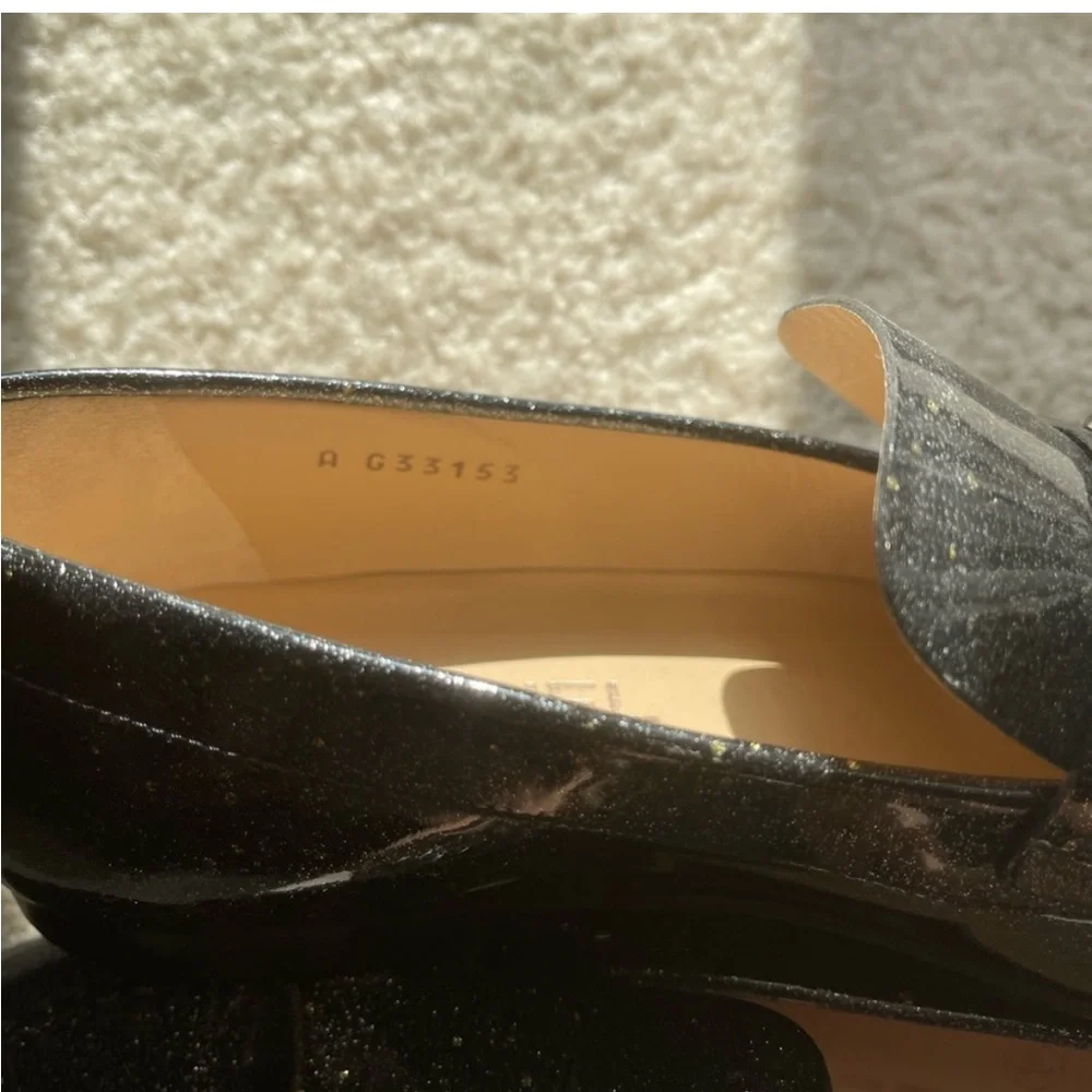 CHANEL Black Glitter Patent Leather Loafers